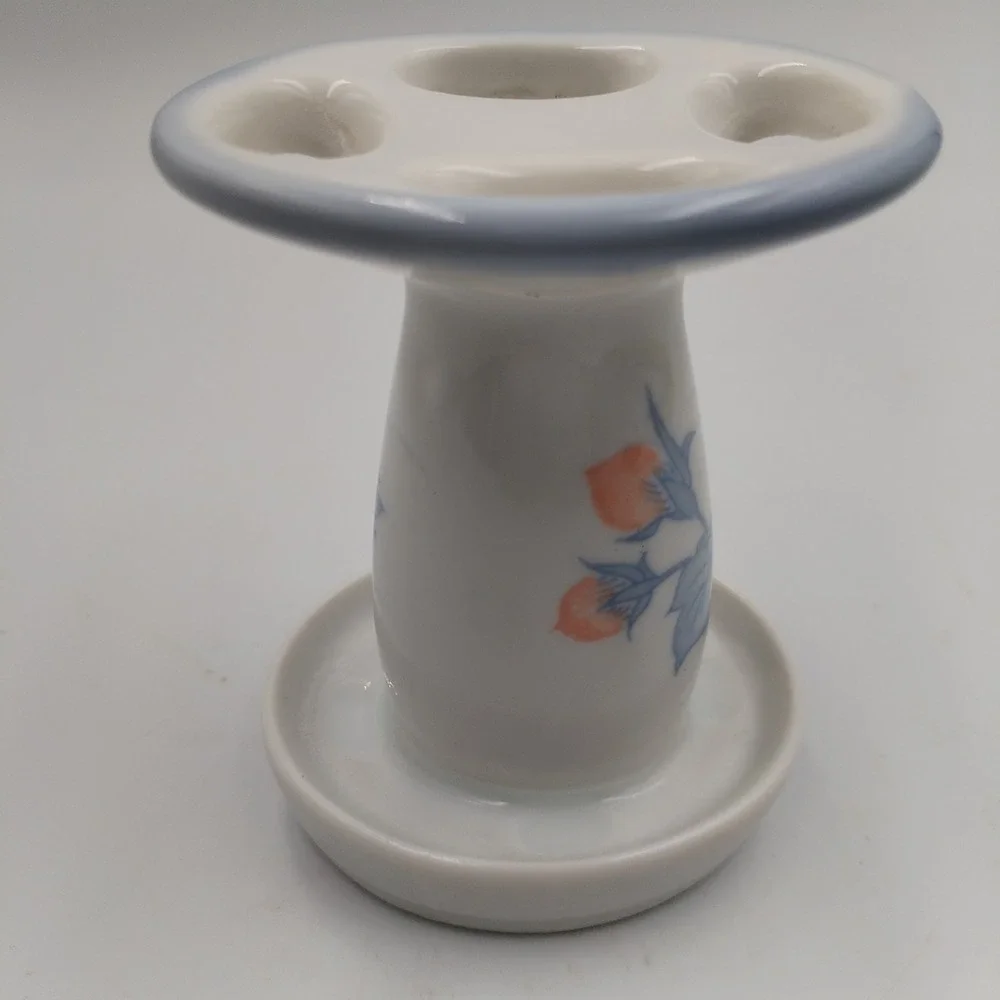 Vintage‎ Ceramic Toothbrush Holder Retro Floral Peach Blue 4 Slot Bathroom